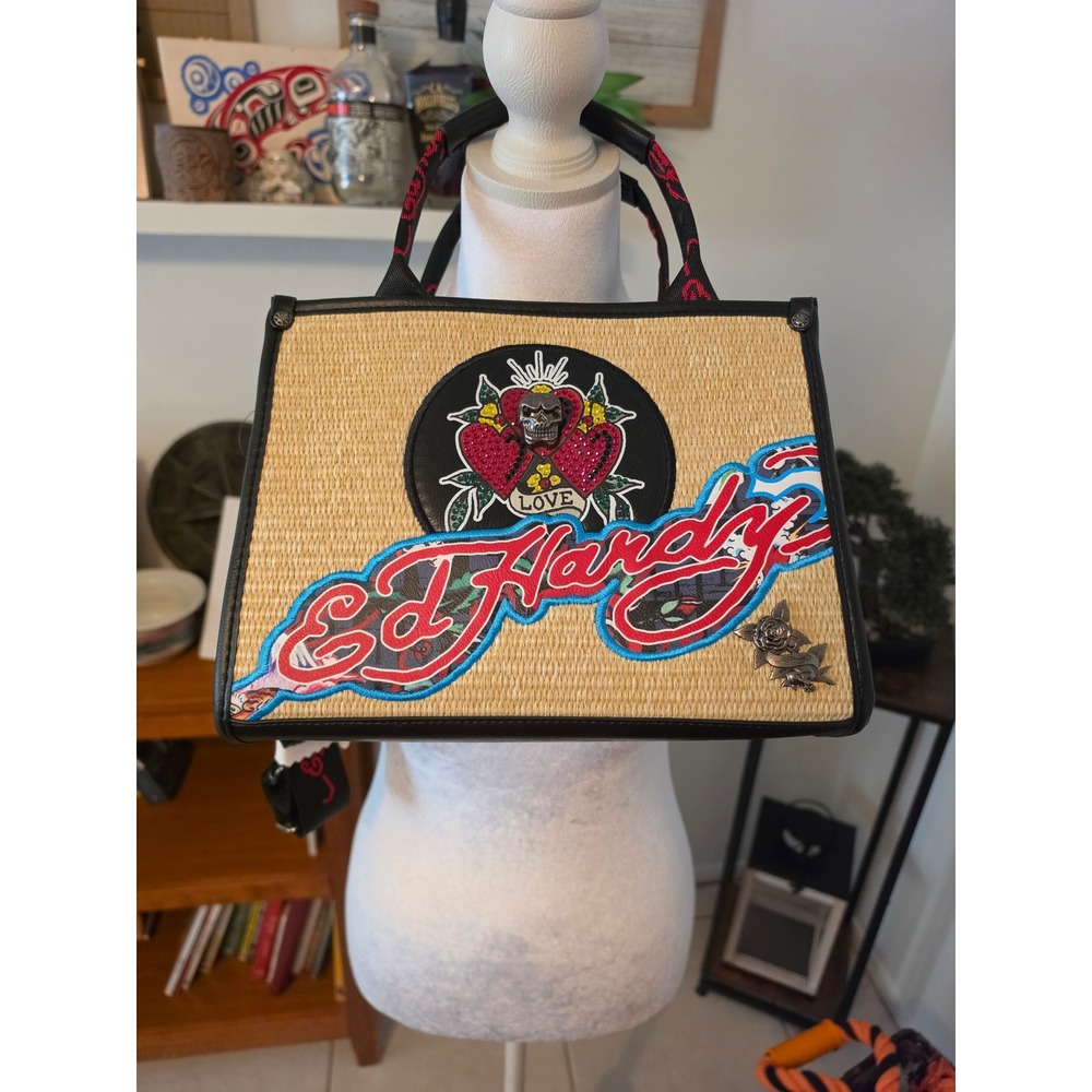 Ed Hardy Straw Small Tote Bag Tattoo Graphic Crossbody Love Skull Tan Black Red